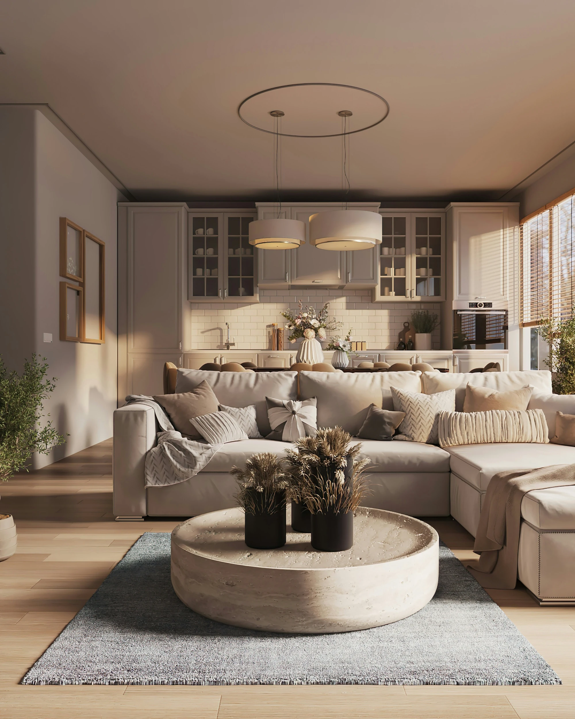 3D visualisation of an open-plan kitchen, living and dining space